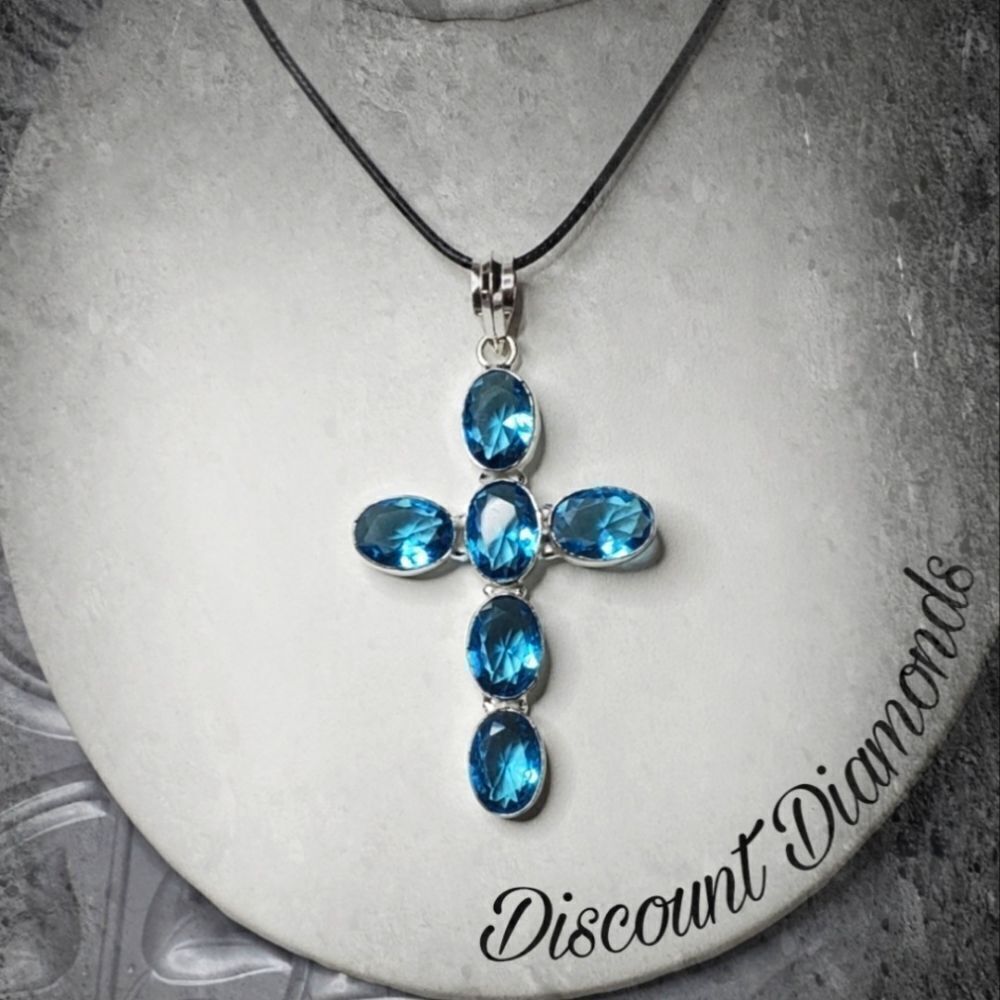 London Blue Oval Shaped Natural Topaz  Cross Pendant Necklace on925 Silver